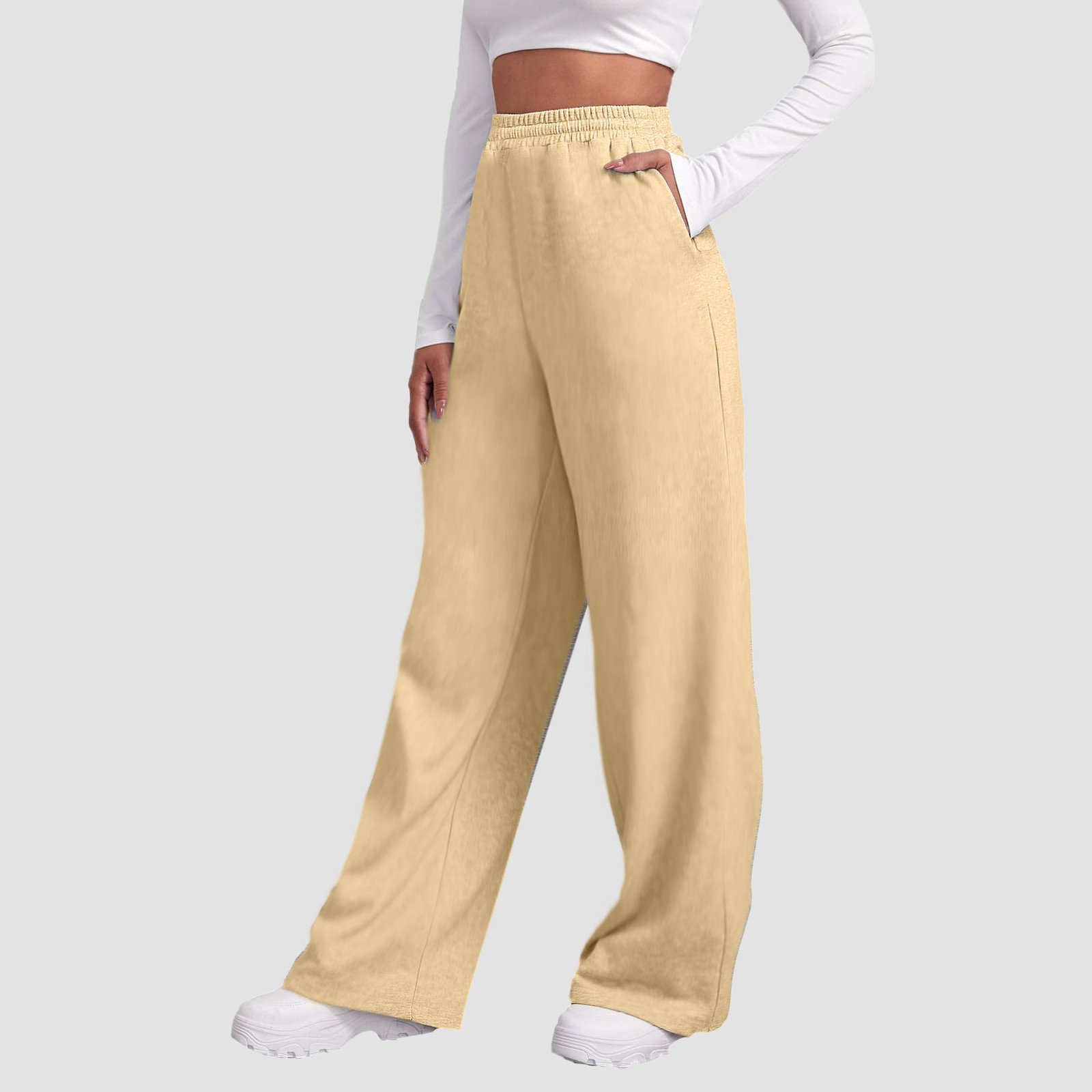 thumbnail image 3 of Pantalones de chándal con forro polar para mujer: cintura alta, pierna ancha y bolsillos; poliéster ligero para primavera/otoño; diseño con lazo delantero; informal/trabajo/yoga; tallas S-XXL., 3 of 7